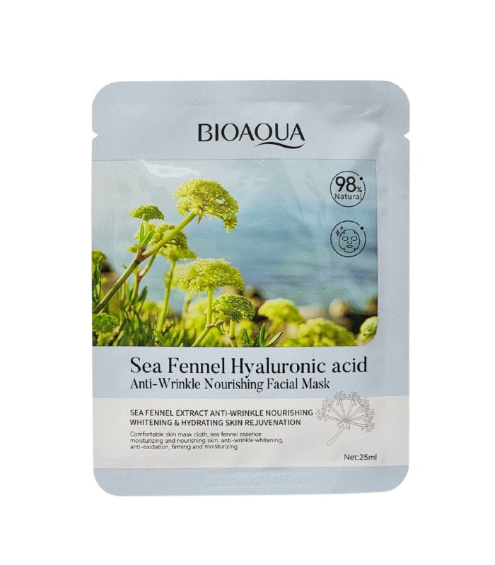 MASCARILLA FACIAL DE ACIDO HIALURONICO DE HINOJO MARINO REJUVENECEDOR 25G, DISEÑADA PARA NUTRIR Y REJUVENECER LA PIEL, TELA LIGERA Y TRANSPIRABLE QUE HIDRATA PROFUNDAMENTE DEJANDO LA PIEL SUAVE BIOAQUA