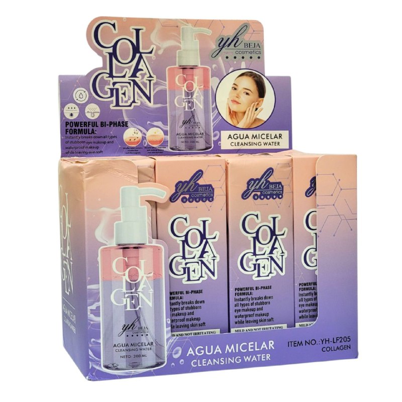 AGUA MICELAR CON COLAGENO DE LIMPIEZA PROFUNDA 200ML, SE ADAPTA A LA PIEL AYUDANDOLA A PROTEGERLA DE DAÑOS EXTERNOS, ELIMINANDO TODO TIPO DE MAQUILLAJE YH BEJA COSMETICS