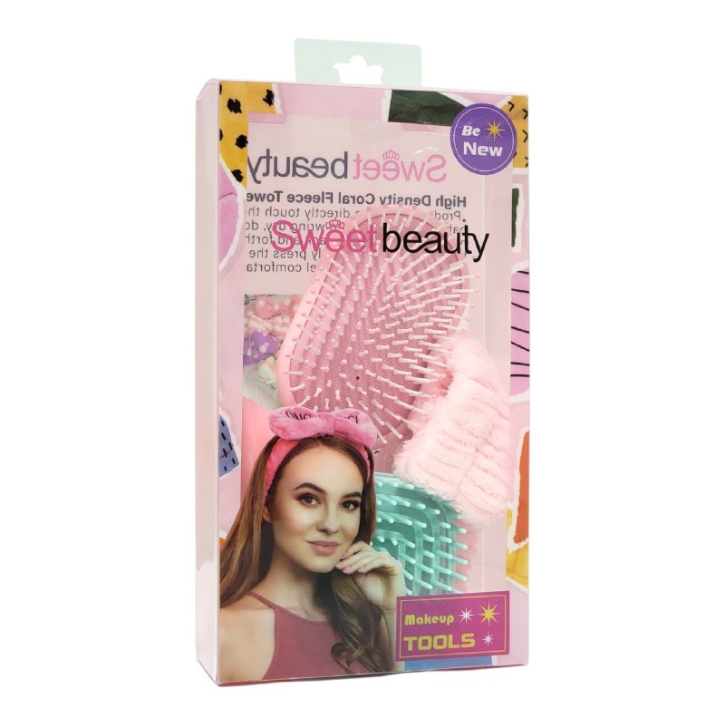 KIT DE CUIDADO PERSONAL, CEPILLO, 1 PAR DE MUÑEQUERAS, ESPONJA, MASAJEADOR CAPILAR KISS LOVELY