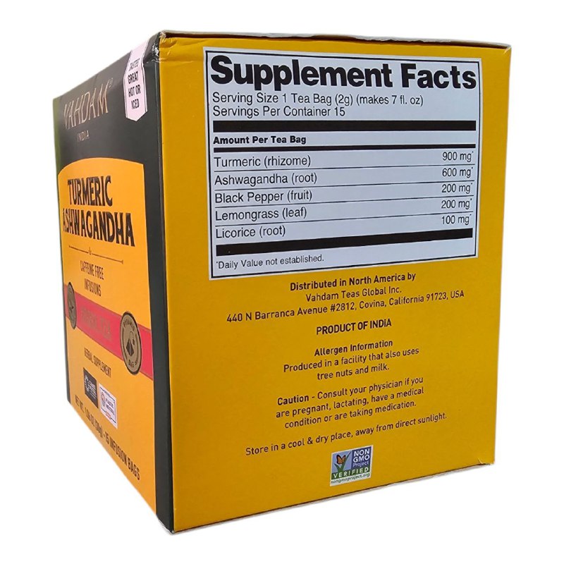 TE DE HIERBAS DE CURCUMA Y ASWAGANDHA SIN CAFEINA CON PROPIEDADES CALMANTES ANTIINFLAMATORIAS ANTIESTRES VAHDAM 15UND