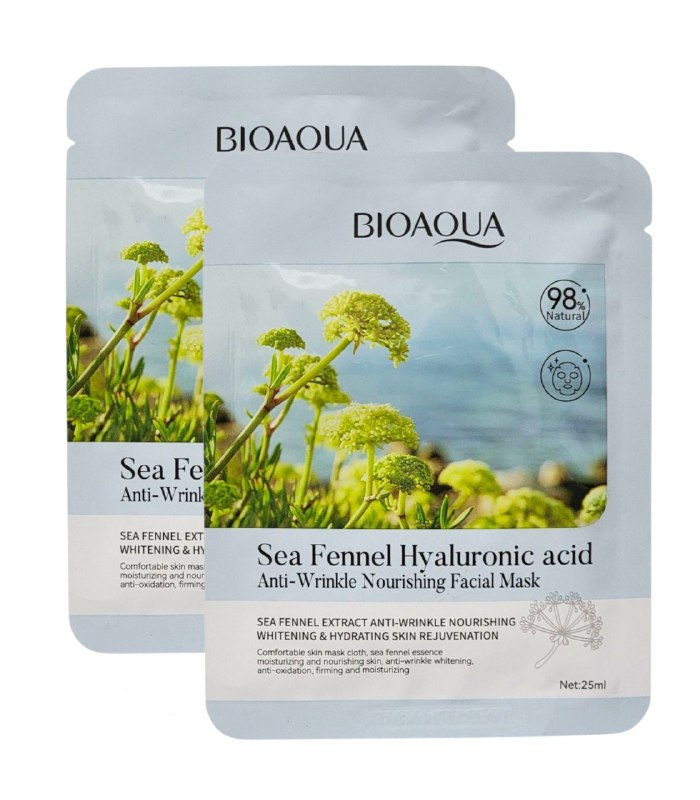 MASCARILLA FACIAL DE ACIDO HIALURONICO DE HINOJO MARINO REJUVENECEDOR 25G, DISEÑADA PARA NUTRIR Y REJUVENECER LA PIEL, TELA LIGERA Y TRANSPIRABLE QUE HIDRATA PROFUNDAMENTE DEJANDO LA PIEL SUAVE BIOAQUA