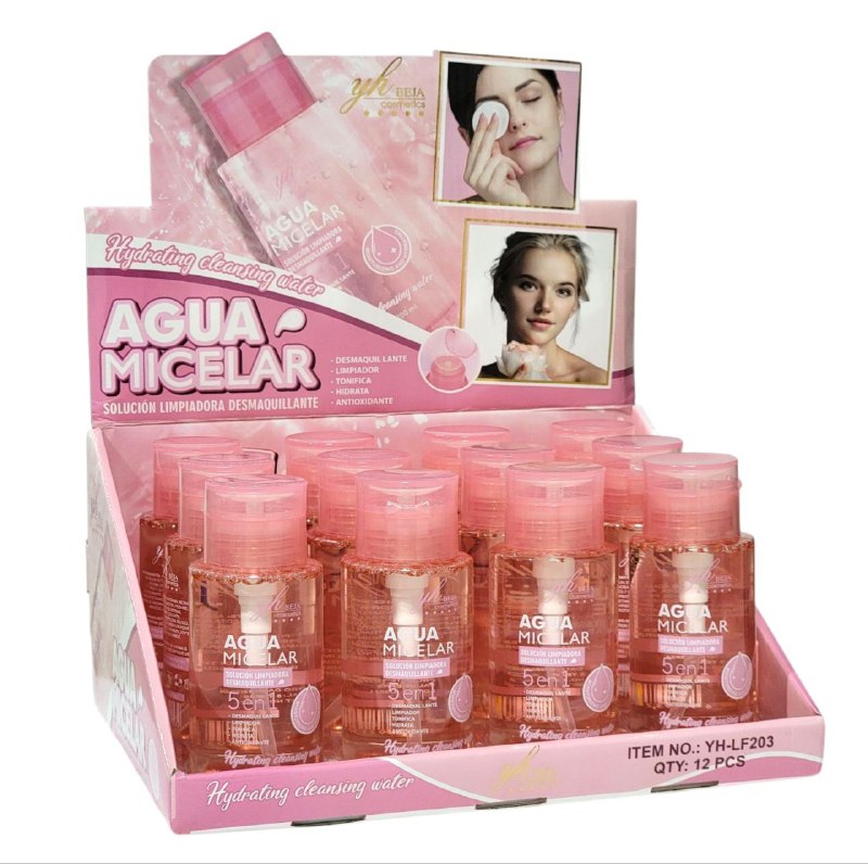 AGUA MICELAR LIMPIADORA MULTIFUNCIONAL 200ML, ES UNA SOLUCION LIMPIADORA QUE DESMAQUILLA, LIMPIA, TONIFICA E HIDRATA LA PIEL YH BEJA COSMETICS