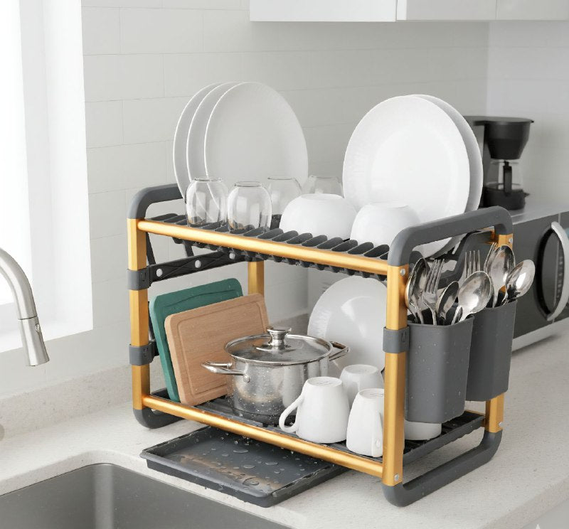 ESTANTE ORGANIZADOR Y ESCURRIDOR DE COCINA DE 2 NIVELES CON BANDEJAS DE DRENAJE EXTRAIBLES 60.9X26.7X34.2CM DISH RACK