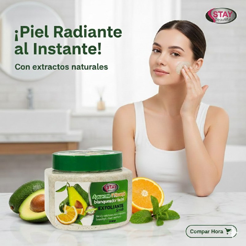 CREMA FACIAL EXFOLIANTE BLANQUEADORA DE AGUACATE Y NARANJA, QUITA PUNTOS NEGROS Y MANCHAS STAY BEAUTIFUL 500ML
