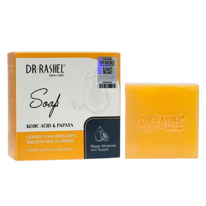 JABON FACIAL EN BARRA DE ACIDO KOJICO Y PAPAYA, DEJA LA PIEL SUAVE, TERSA Y RADIANTE, REJUVENECE, ELIMINA PIEL MUERTA,  DA BRILLO SALUDABLE DR RASHEL 100G
