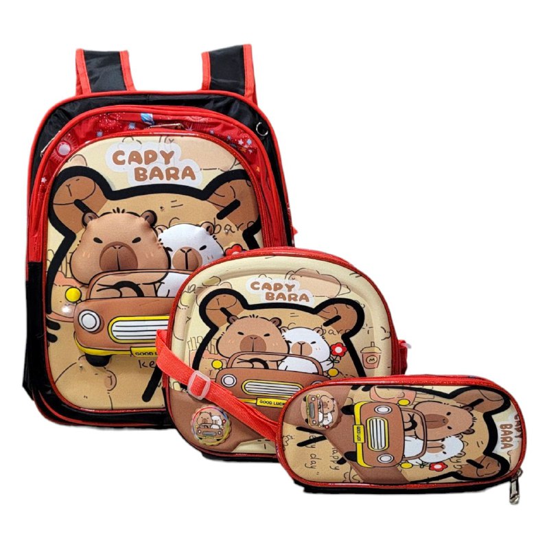 MOCHILA PARA NIÑOS(AS) CON DISEÑO DE CAPYBARA, CAPIBARA CON LUCES LED AL TACTO EN SET DE 3 PIEZAS
