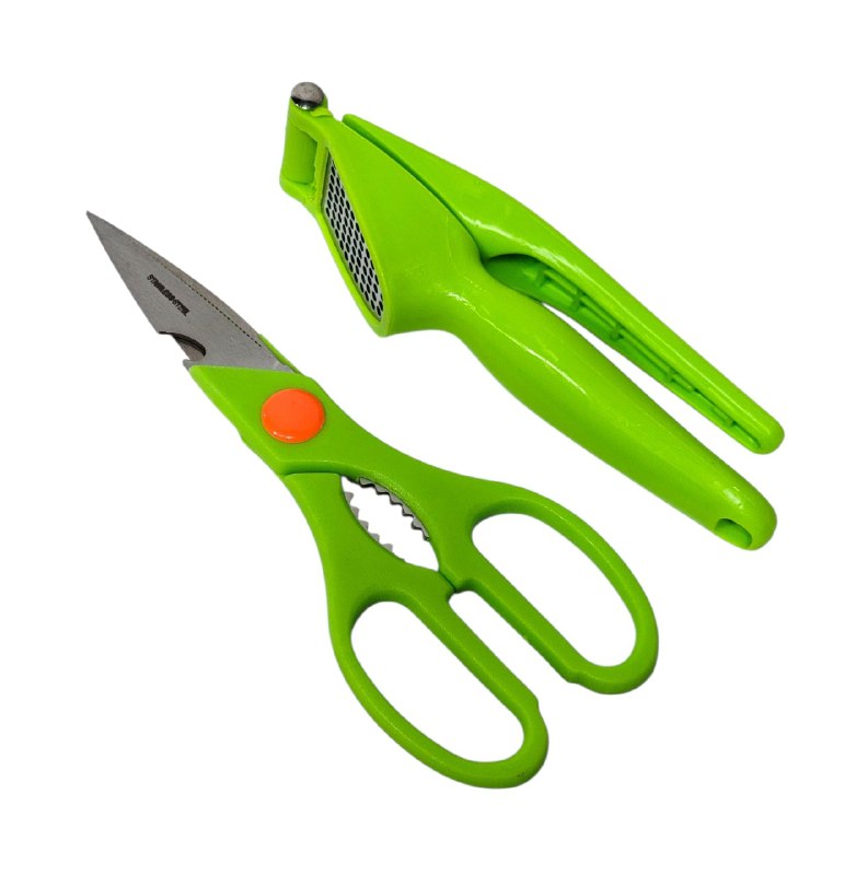 TIJERAS DE COCINAA EN SET MULTIUSOS Y PRENSA DE AJOS E ACERO INOXIDABLE QUE CORTAN CARNES, HIERBAS Y VERURAS, 4 COLORES