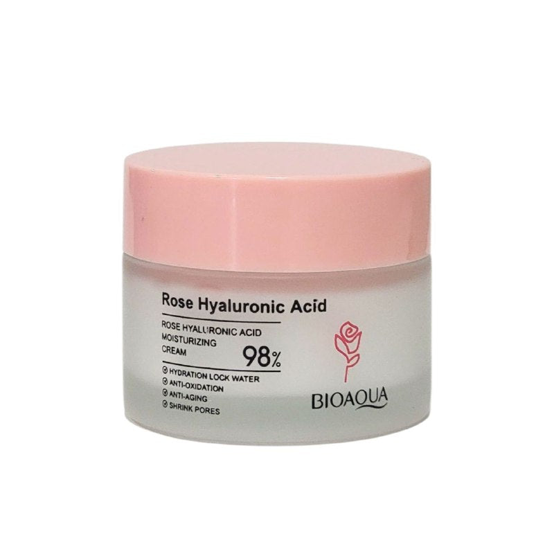 CREMA FACIAL DE ACIDO HIALURONICO DE ROSA, HIDRATANTE DE TEXTURA LIGERA Y SUVAE, HIDRATA, REPONE EL AGUA Y BLANQUEA SUAVEMENTE LA PIEL BIOAQUA 50G