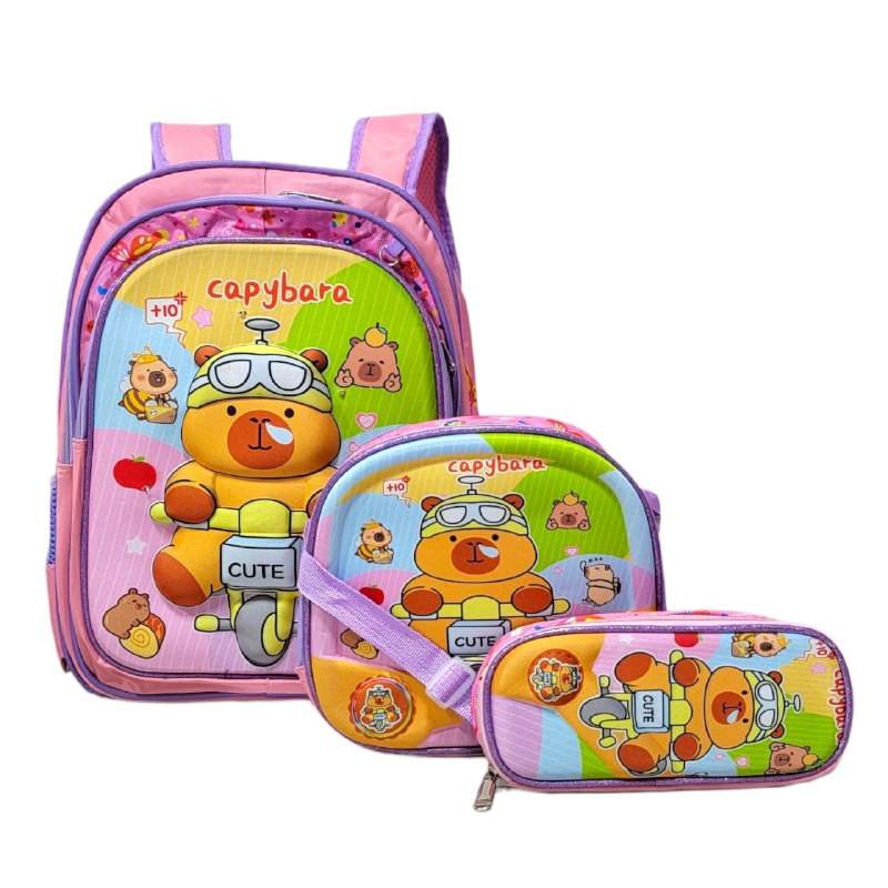 MOCHILA PARA NIÑOS(AS) CON DISEÑO DE CAPYBARA, CAPIBARA CON LUCES LED AL TACTO EN SET DE 3 PIEZAS