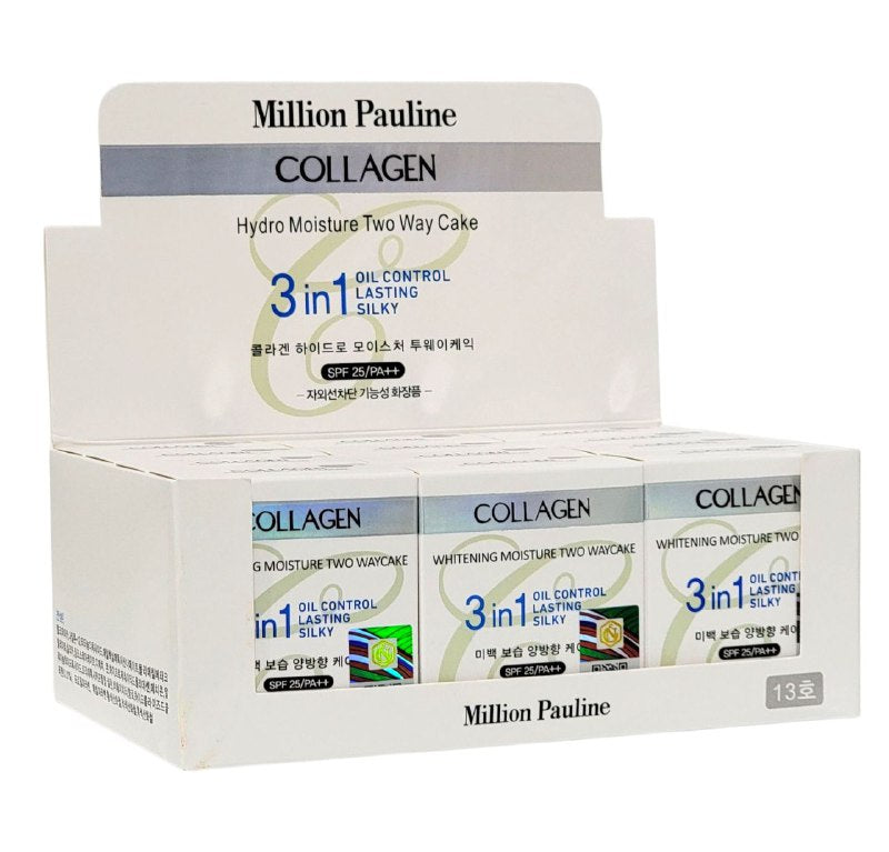 POLVOS DE MAQUILLAJE 3 EN 1 DE COLAGENO, MANTIENE EL CONFORT DE LA PIEL, EXCELENTE ABSORCION DE GRASA, ACABADO TRANSPARENTE SPF 25PA MILLION PAULINE COLLAGEN 13+13G