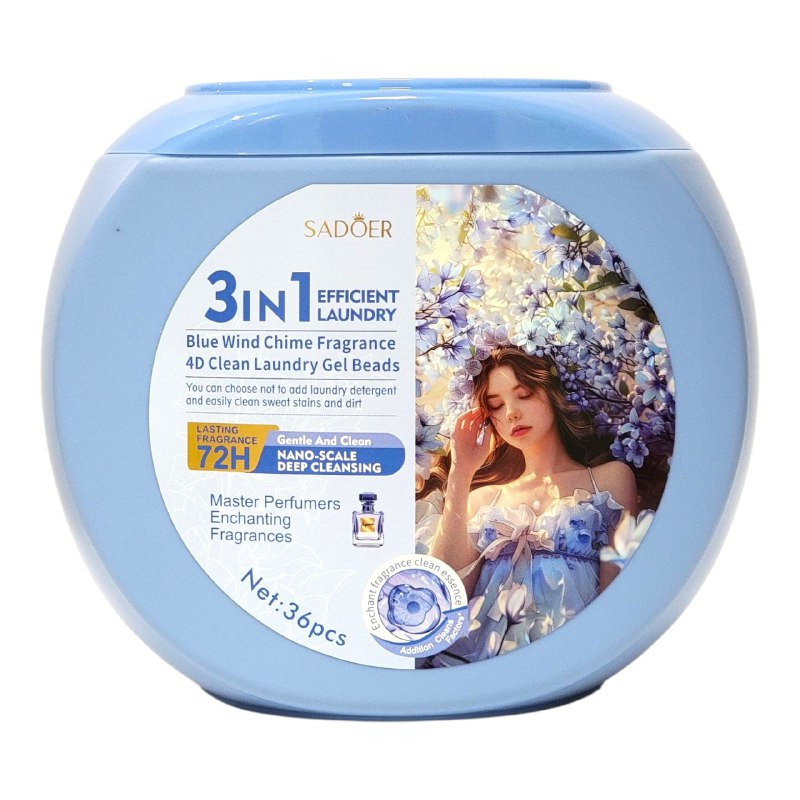 DETERGENTE 3 EN 1 DE PERLAS EN GEL PARA ROPA FRAGANCIA A CARILLON DE VIENTO AZUL SADOER 36UND