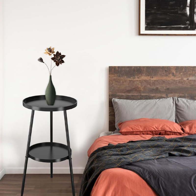 MESA AUXILIAR REDONDA DE METAL PEQUEÑAS DE 2 NIVELES, MESITA DE NOCHE, SALA, JARDIN ESPACIOS PEQUEÑOS 2 COLORES DISPONIBLES 62X32CM