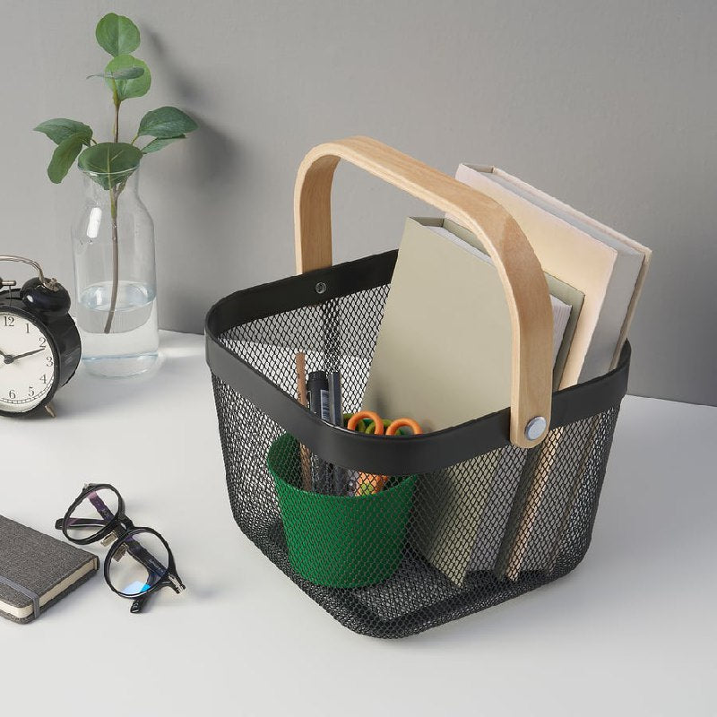 CANASTA ORGANIZADORA DE ALMACENAMIENTO MULTIUSOS CON ASA DE MADERA NATURAL, DISEÑADA PARA ORGANIZAR Y DECORAR CUALQUIER ESPACIO DEL HOGAR 4 COLORES