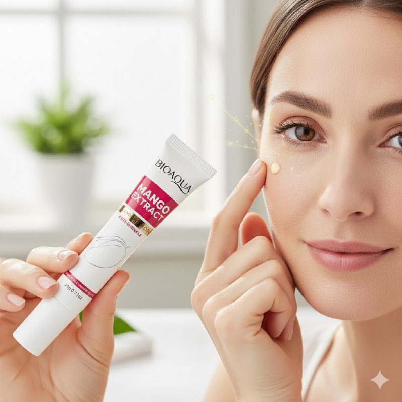 CREMA FACIAL PARA EL CONTORNO DE OJOS CON EXTRACTO DE MANGO 20G, DISEÑADA PARA REDUCIR ARRUGAS Y LINEAS FINAS, HIDRATA Y CALMA LA HINCHAZON DEJANDOLA SUAVE Y DELICADA BIOAQUA