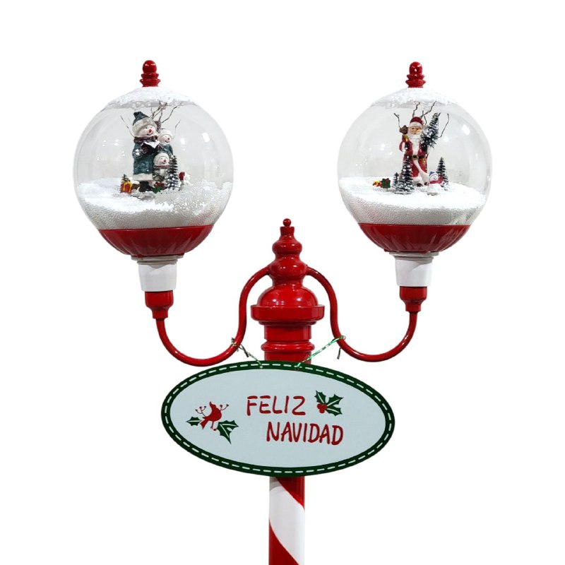 DECORACION ADORNO FAROL DOBLE NAVIDEÑO ELECTRICO MUSICAL CON NEVADA ARTIFICIAL Y ILUMINACION LED, PARA INTERIORES O EXTERIORES 49.5X34X63CM