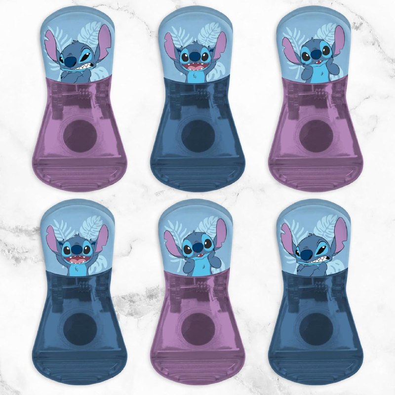 JUEGO DE CLIPS PARA ALIMENTOS, CLIPS MAGNETICOS PARA BOLSAS CON TEMATICA DE DISNEY STITCH PAQ DE 6 UND