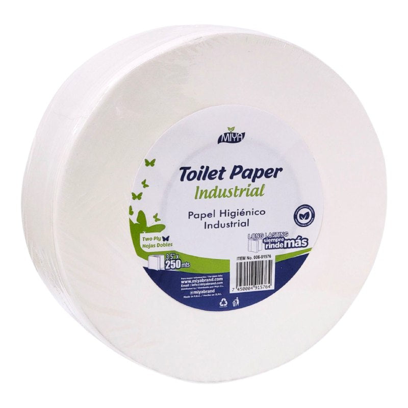 PAPEL HIGIENICO EN ROLLO INDUSTRIAL DE GRAN CAPACIDAD, SUAVE Y RESISTENTE MIYA 3.5X250MTS
