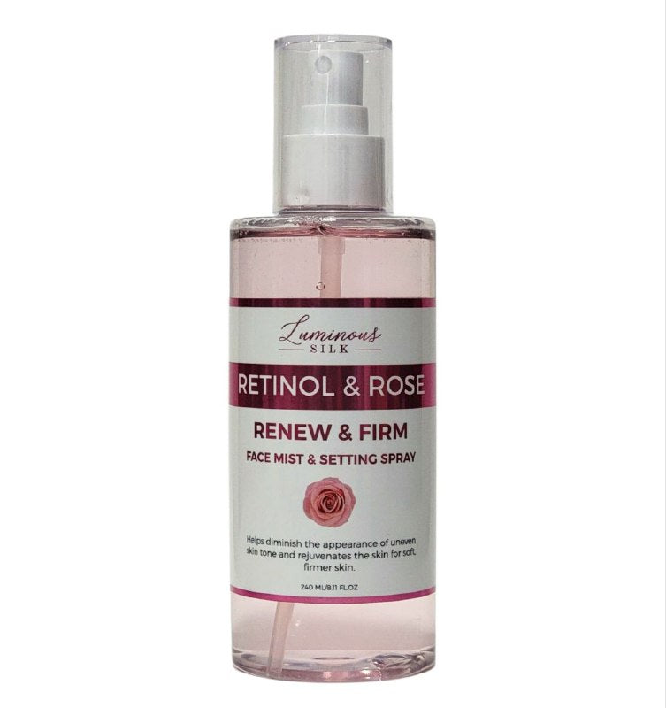 FIJADOR DE MAQUILLAJE EN SPRAY DE ROSA Y RETINOL, RENOVADORA Y REAFIRMANTE, DISMINUYE EL TONO DESIGUAL DE LA PIEL Y REJUVENECE DEJANDO SUAVE Y FIRME LUMINOUS SILK 240ML