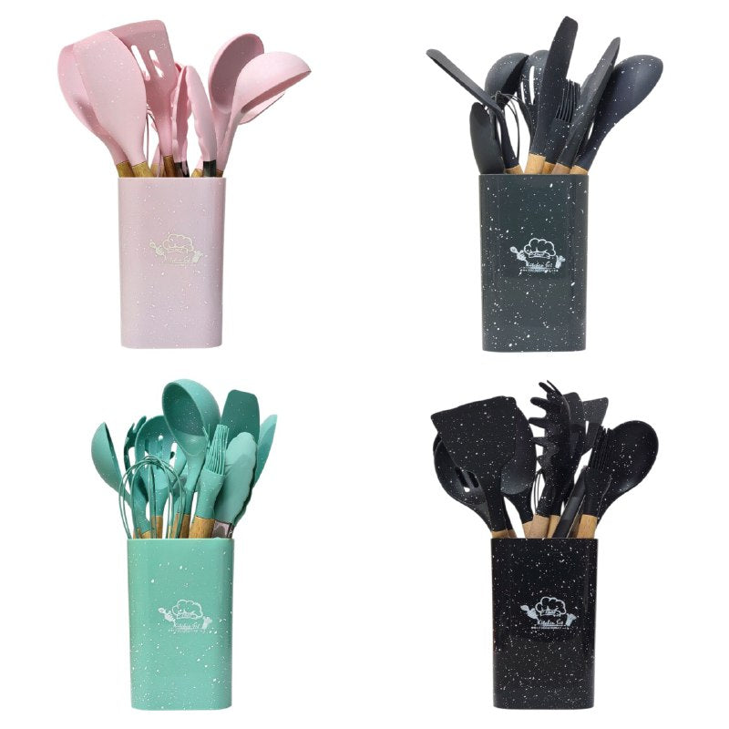 JUEGO DE UTENSILIOS DE COCINA DE SILICONA CON SOPORTE PLASTICO DE 12 PIEZAS, DISEÑADO PARA SOPORTAR TEMPERATURAS DE 30 A 130 GRADOS, SILICONA FLEXIBLE Y SUAVE, 5 COLORES KITCHEN & DINNING