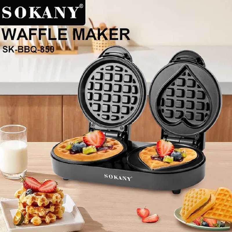 MAQUINA WAFFLERA DOBLE DIFERENTE DISEÑO SK-BBQ-850, 1100W SOKANY