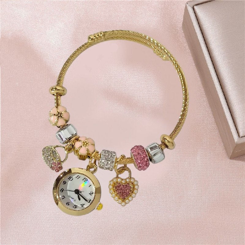 RELOJ ECONOMICO ESTILO PANDORA PARA DAMA DE ACERO CON BAÑO DE ENCHAPE