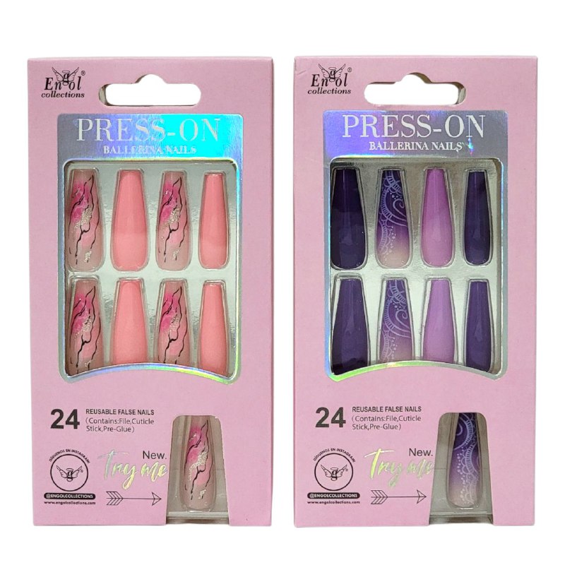UÑAS PRESS ON, POSTIZAS REUTILIZABLES EN SET DE 24 UÑAS, LIMA, PAILLO PARA CUTICULA Y PEGAMENTO ENGOL COLLECTIONS