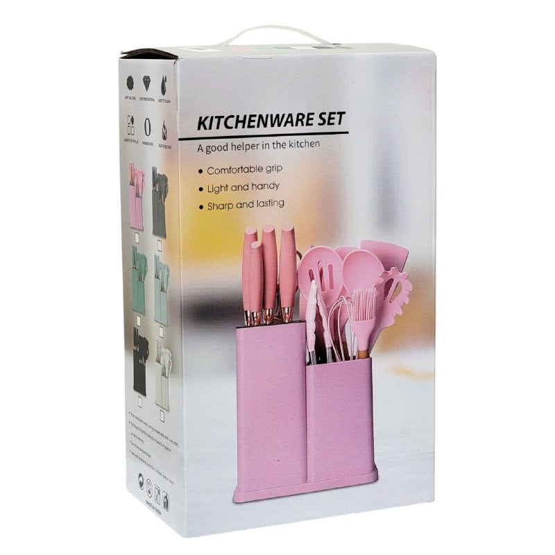 JUEGO DE CUCHILLOS DE COCINA, UTENSILIOS DE COCINA, CUCHARAS DE 18 PIEZAS, DE SILICONA CON SOPORTE DE PLASTICO, AGARRE COMODO, LIGUERO Y PRACTICO, AFILADO Y DURADERO 3 COLORES KITCHENWARE