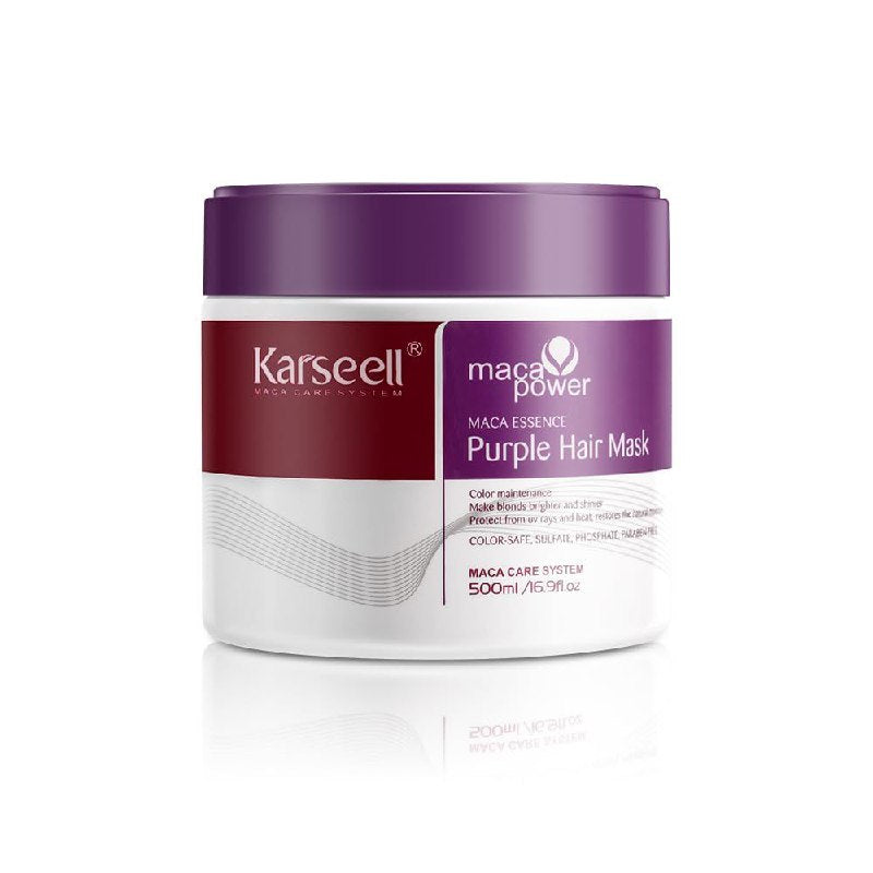TRATAMIENTO MASCARILLA CAPILAR MORADA, DISEÑADA PARA RUBIOS, PLATINOS Y CABELLO GRIS, ELIMINA EFICAZMENTE LOS TONOS AMARILLENTOS Y APAGADOS DEJANDO EL COLOR MAS BRILLANTE Y VIBRANTE KARSEELL 500ML