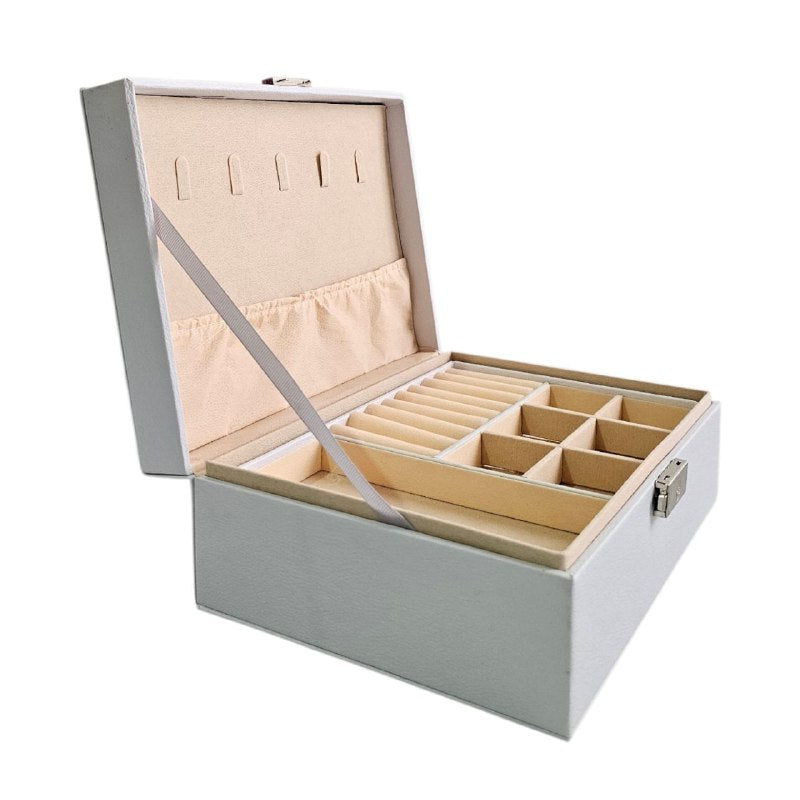 ORGANIZADOR JOYERO DE CUERO SINTETICO CON MULTIPLES COMPARTIMIENTOS Y CIERRE CON LLAVE 20X18X10CM