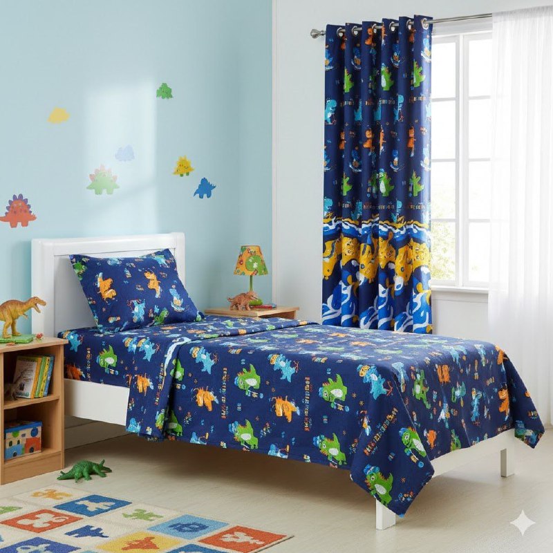 JUEGO DE SABANAS MATRIMONIAL EN SET CON CORTINAS PARA NIÑOS DE 6 PIEZAS DINOSAURIOS BENELI HOME