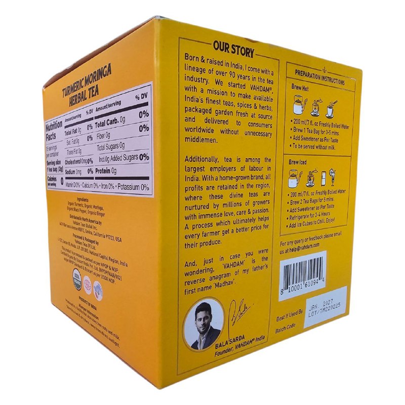 SUPLEMENTO HERBAL TÉ DE CÚRCUMA Y MORINGA PARA APOYO INMUNOLÓGICO 15UND VAHDAM 30GX15UND