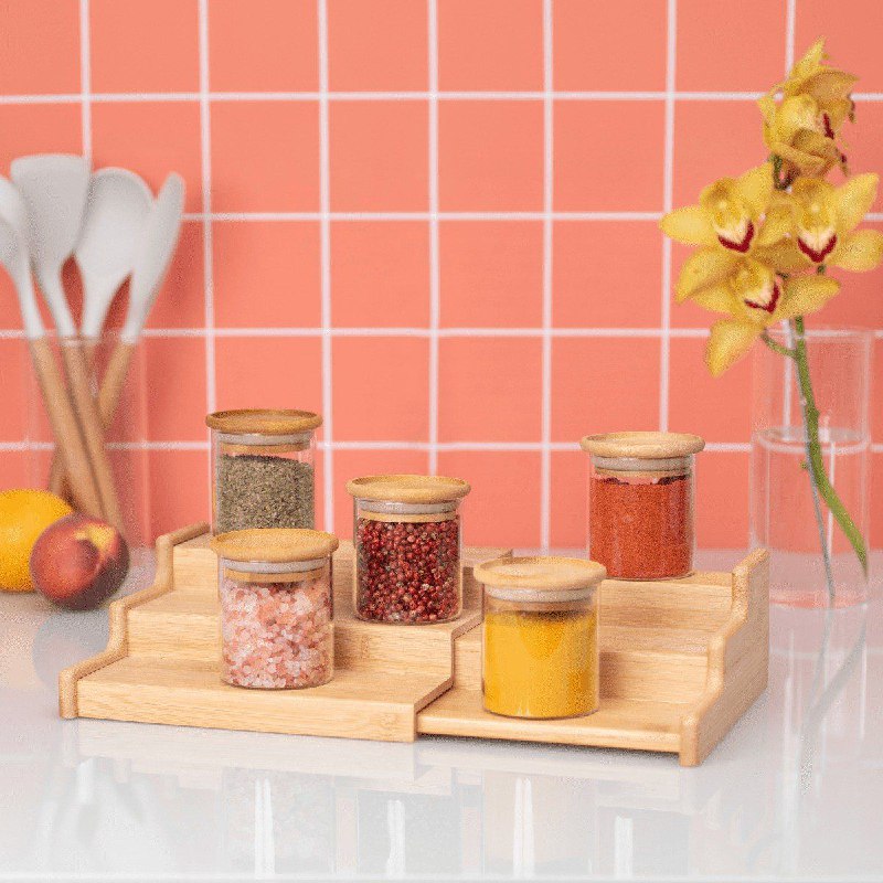 ESTANTE ORGANIZADOR DE BAMBU EXPANDIBLE DE 3 NIVELES, DISEÑADO PARA ORGANIZAR ESPECIAS, CONDIMENTOS Y OTROS ARTICULOS PEQUEÑOS