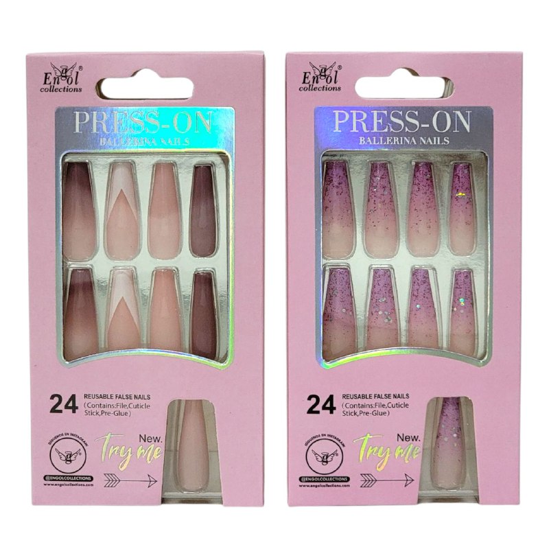 UÑAS PRESS ON, POSTIZAS REUTILIZABLES EN SET DE 24 UÑAS, LIMA, PAILLO PARA CUTICULA Y PEGAMENTO ENGOL COLLECTIONS