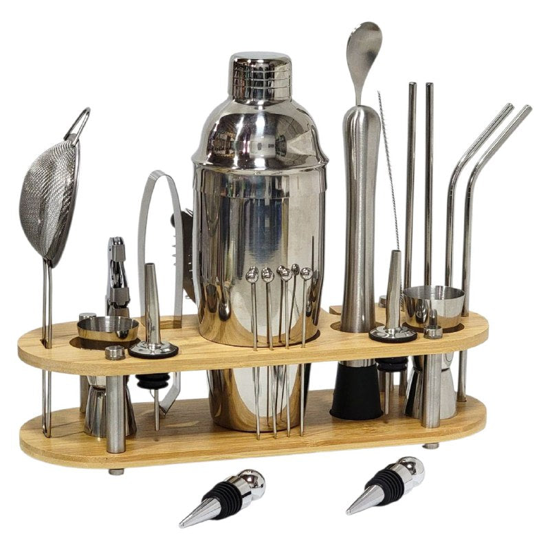 JUEGO DE COCTELERA DE ACERO INOXIDABLE DE 23 PIEZAS, KIT BARTENDER CON SOPORTE BAMBU, HERRAMIENTAS BARRA