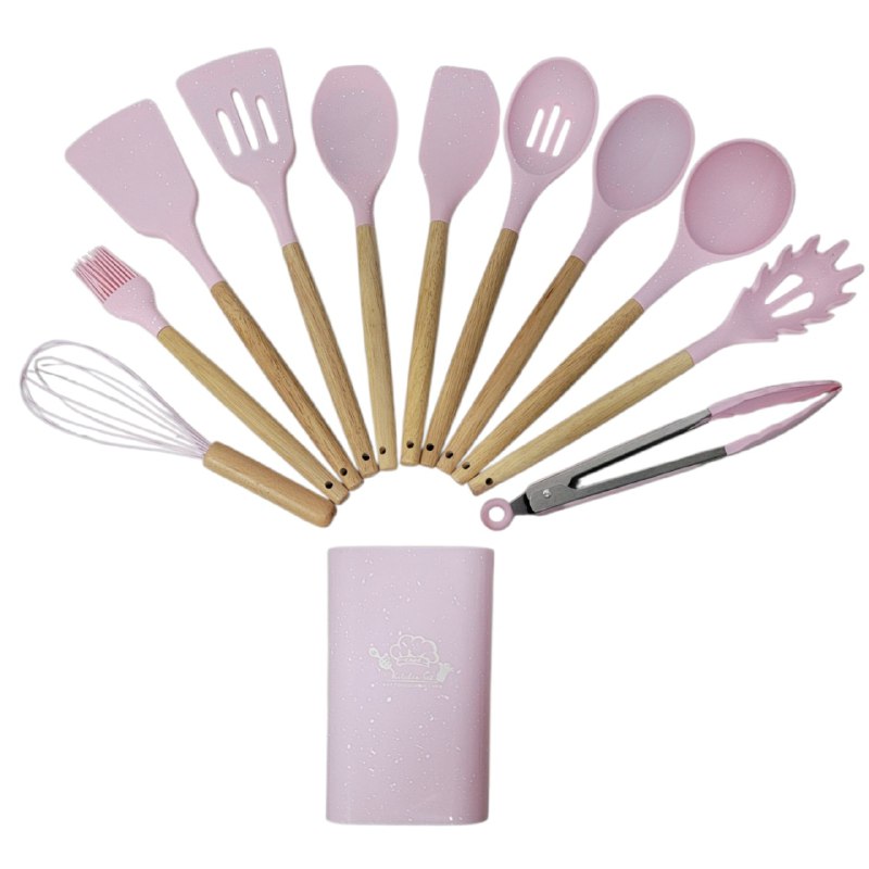 JUEGO DE UTENSILIOS DE COCINA DE SILICONA CON SOPORTE PLASTICO DE 12 PIEZAS, DISEÑADO PARA SOPORTAR TEMPERATURAS DE 30 A 130 GRADOS, SILICONA FLEXIBLE Y SUAVE, 5 COLORES KITCHEN & DINNING