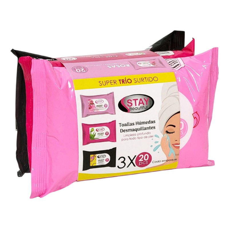 TOALLITAS DESMAQUILLANTES HUMEDAS EN TRIO DE LIMPIEZA PROFUNDA,TODO TIPO DE PIEL, ROSA, ALOE VERA Y COLAGENO STAY BEAUTIFUL 20UNDX3