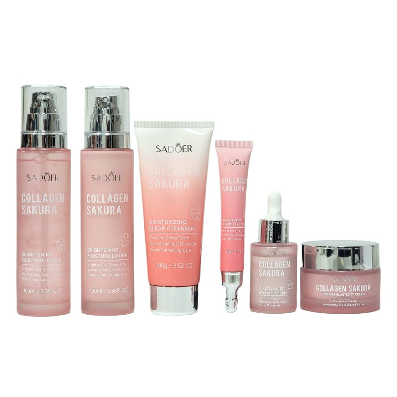 SET TRATAMIENTO FACIAL DE 6 PIEZAS DE SAKURA, EFECTO REAFIRMANTE, ILUMINADOR, ELASTICIDAD DE LA PIEL E HIDRATACION REPARADORA SADOER COLLAGEN SAKURA