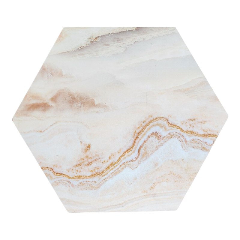 MESA COMEDOR EN SET DE 2 MESAS DECORATIVAS METALICAS DORADAS CON ACABADO MARMOL COLOR CREMA