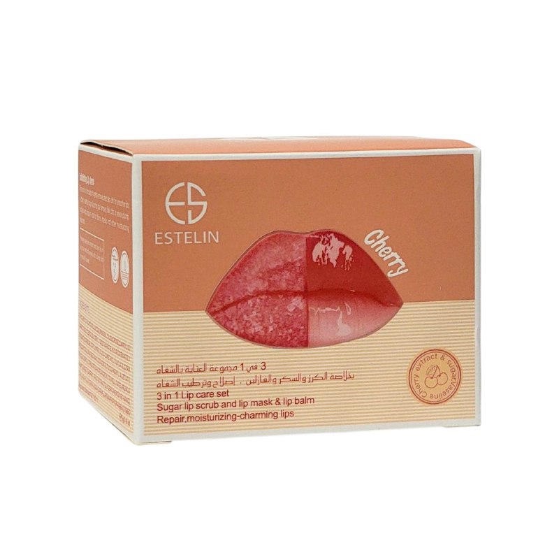 MASCARILLA HIDRATANTE PARA LABIOS EN SET 3 EN 1 BALSAMO HIDRATANTE MANTECA DE KARITE Y CEREZA ESTELIN 5G