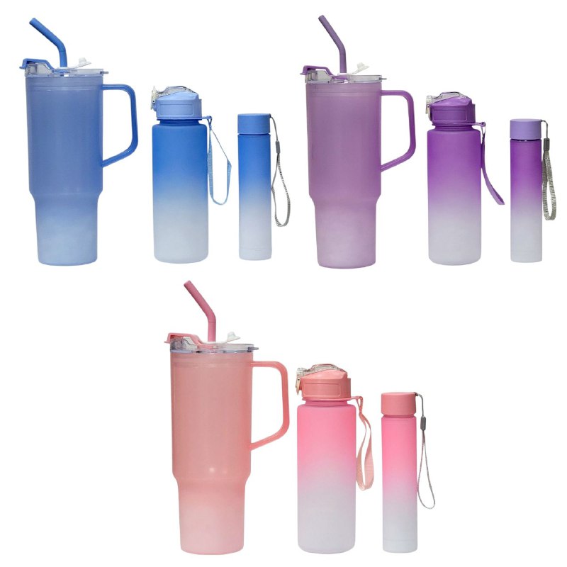 VASO TERMO PLASTICO CON ASA EN SET, 2 BOTES TERMOS MEDIANO Y PEQUEÑO, INCLUYE STICKERS, 3 COLORES