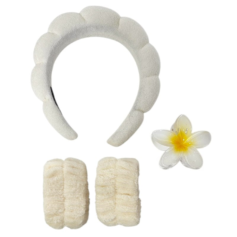 KIT DE CUIDADO FACIAL, GANCHO FLOR HAWAIANA, DIADEMA Y MUÑEQUERA SKIN CARE, 6 ESTILOS