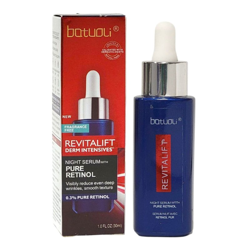 SUERO FACIAL DE NOCHE DE RETINOL PURO Y VITAMINA A, REDUCE VISIBLEMENTE LAS ARRUGAS PROFUNDAS Y MEJORA LA TEXTURA DE LA PIEL, DEJANDO UN ACABADO SUAVE Y JOVEN BATUOLI 30ML (DUPE DE LOREAL)