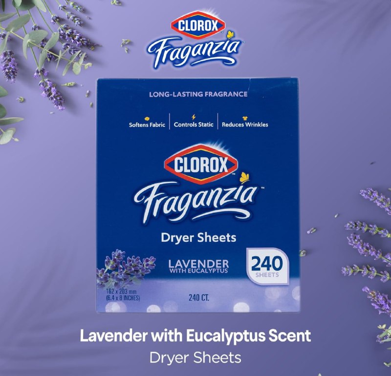 DETERGENTE TOALLIAS HOJAS PARA SECADORA, CONTROLA LA ESTATICA, OLOR A LAVANDA CON EUCALIPTO CLOROX 240UND