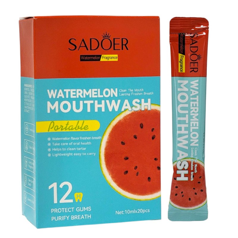 ENJUAGUE BUCAL PORTATIL CON SABOR A SANDIA DURACION 12 HORAS 20UND SADOER 10ML