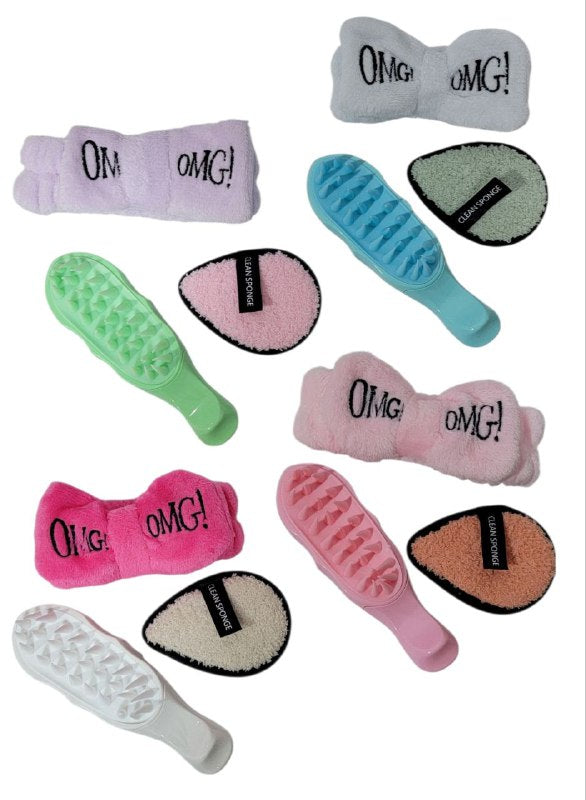 KIT DE CUIDADO FACIAL Y DE CABELLO, CEPILLO DE SILICONA PARA EL LAVADADO DEL CABELLO Y ESPONJA LAVADO FACIAL Y VINCHA ELASTICA SWEET BEAUTY