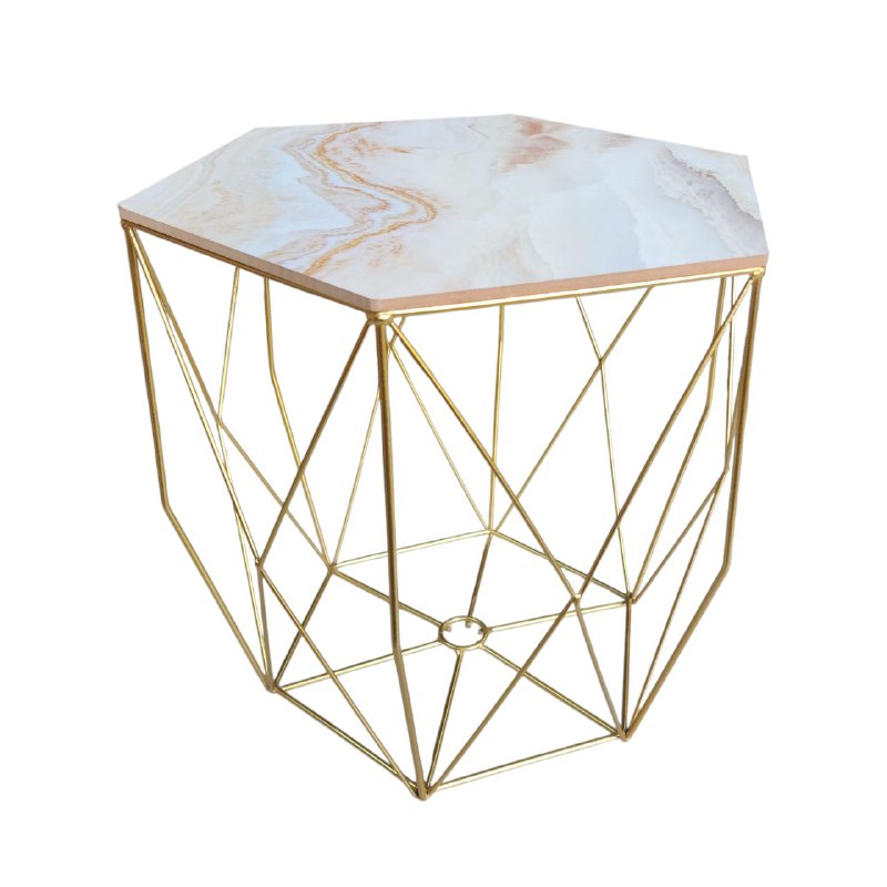 MESA COMEDOR EN SET DE 2 MESAS DECORATIVAS METALICAS DORADAS CON ACABADO MARMOL COLOR CREMA