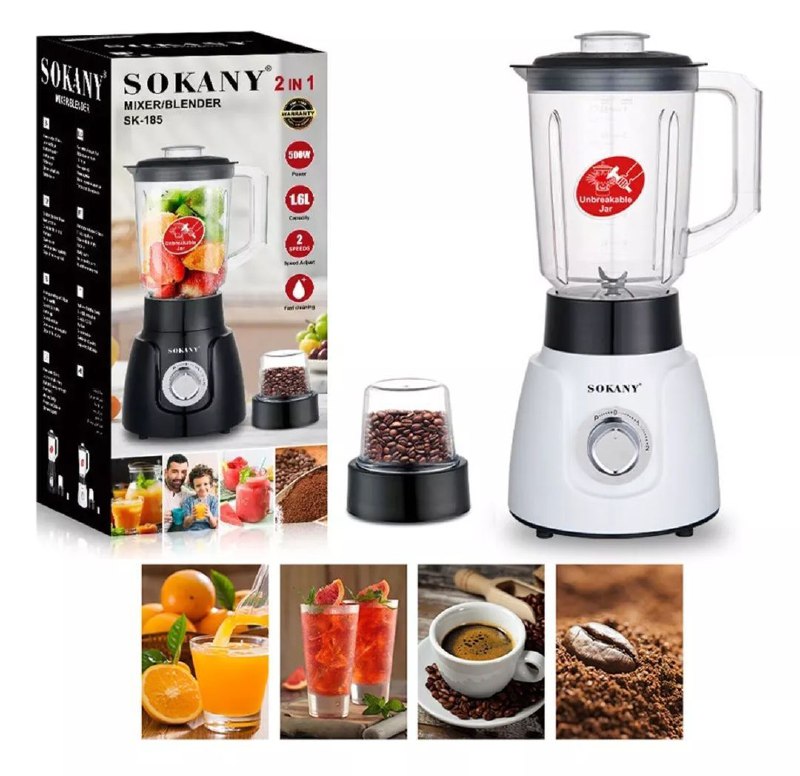 MAQUINA LICUADORA 2 EN 1, LICUADORA Y BATIDORA, 500W DE FUERZA, CAPACIDAD 1.6L, 2 VELOCIDADES, LIMPIEZA RAPIDA, SK-185 SOKANY