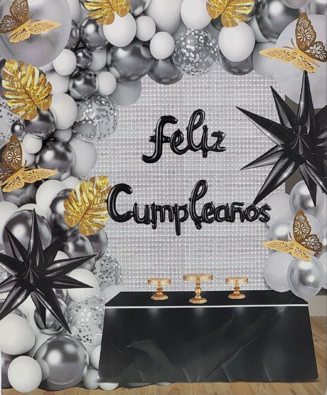 DECORACION PARA CUMPLEAÑOS EN SET COMPLETO, MANTEL METALICO, 2 CORTINAS, 105 GLOBOS