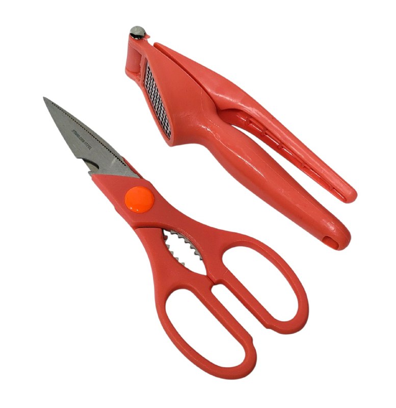 TIJERAS DE COCINAA EN SET MULTIUSOS Y PRENSA DE AJOS E ACERO INOXIDABLE QUE CORTAN CARNES, HIERBAS Y VERURAS, 4 COLORES
