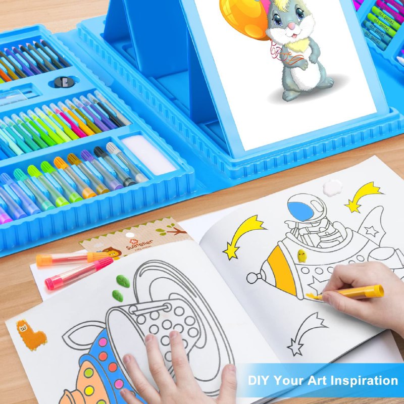 ESTUCHE DE ARTE Y DIBUJO CREATIVO PARA NIÑOS 208 PIEZAS AZUL